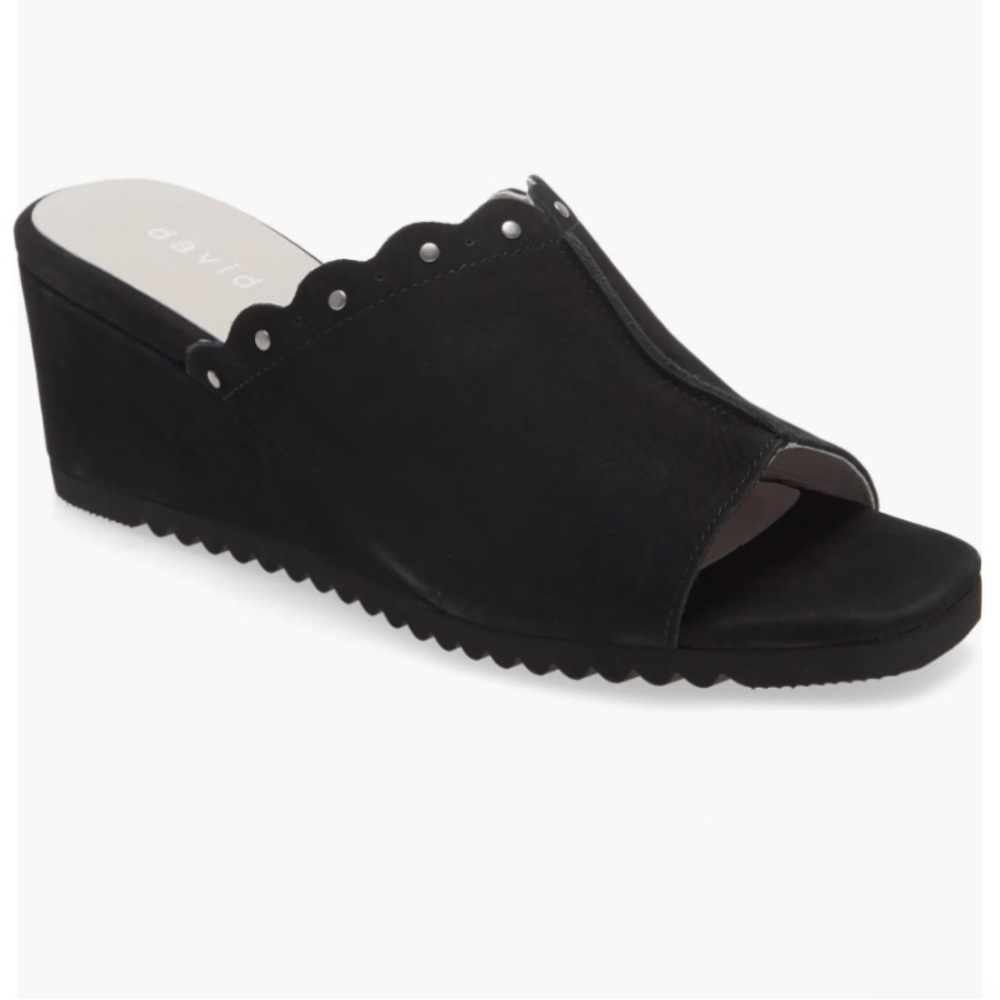 David Tate Black Wedge Sandals with Scalloped Edge Song Wedge Sandal